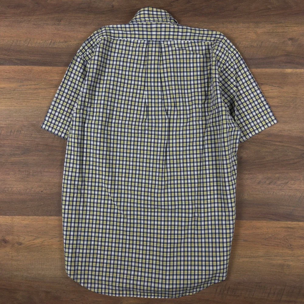 Ralph Lauren Blake Mens Medium Plaid Button Down Shirt Short Sleeve Navy Yellow